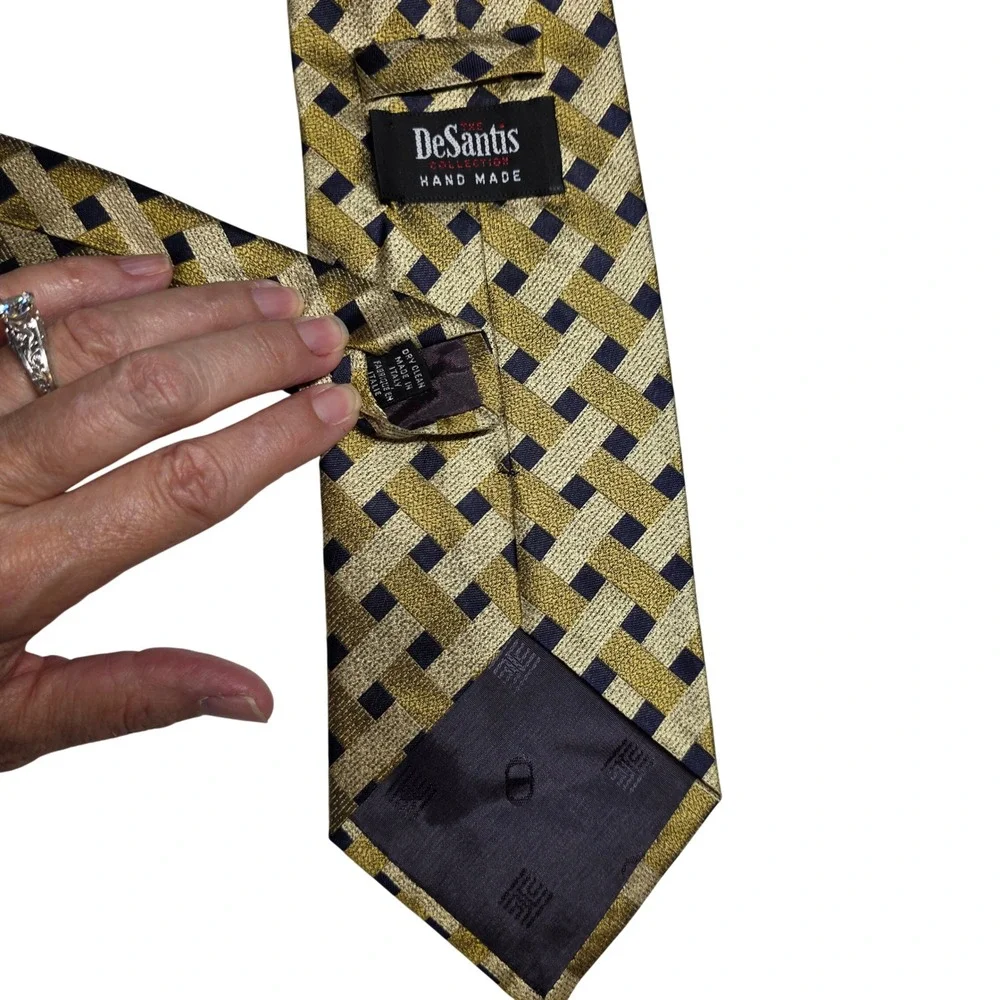 DeSantis Hand Made Mens Silk Tie Gold‎ Navy Geometric Weave